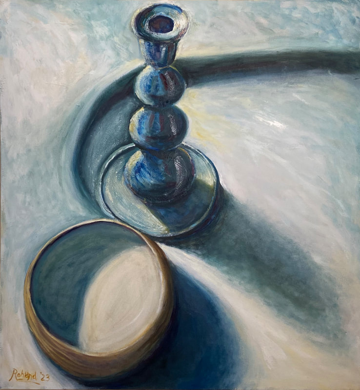 this image is also background on the home page: oil painting with blues and ochres, downward looking on candlestick and bowl, strong light and shadow