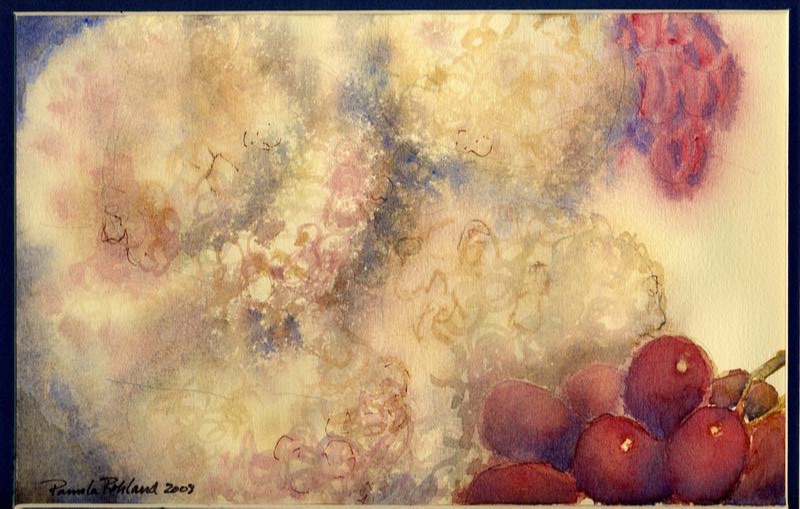 Image: watercolor with ochres, blues and reds, faded hydrangeas and bright red grapes