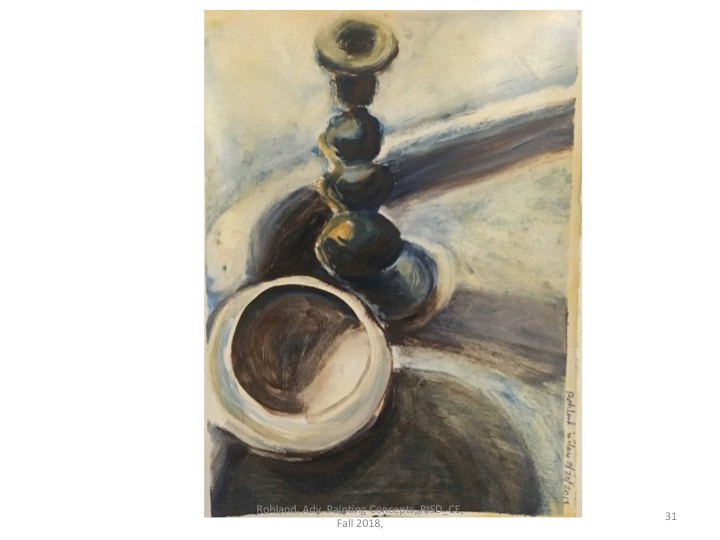 Image: small painting on paper, downward view of candlestick and bowl, cloth swirling