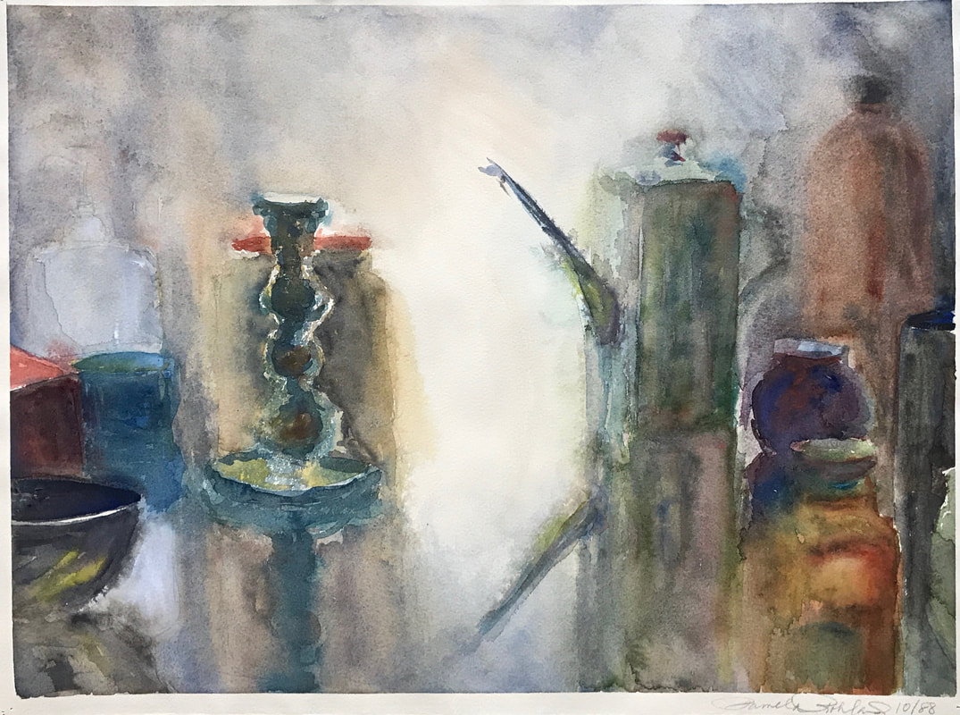Still Life images of 12 vessels and candlestick, light in center, reflected on mirror